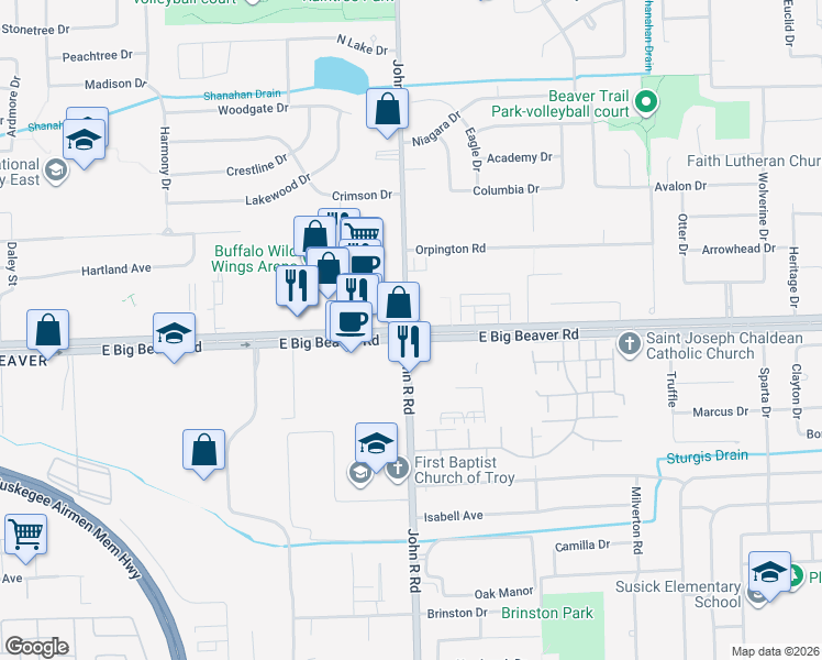 map of restaurants, bars, coffee shops, grocery stores, and more near 2039 E Big Beaver Rd in Troy