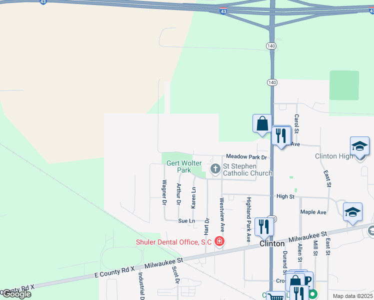 map of restaurants, bars, coffee shops, grocery stores, and more near 730 Meadow Park Drive in Clinton