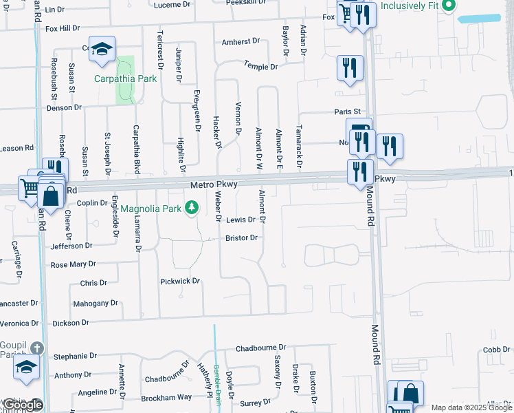 map of restaurants, bars, coffee shops, grocery stores, and more near 36851 Almont Court in Sterling Heights