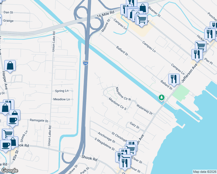 map of restaurants, bars, coffee shops, grocery stores, and more near 25550 Sun Sail Court in Harrison charter Township