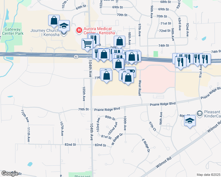 map of restaurants, bars, coffee shops, grocery stores, and more near 10225 77th Street in Pleasant Prairie