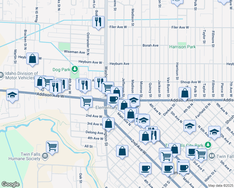 map of restaurants, bars, coffee shops, grocery stores, and more near 150 Adams Street in Twin Falls