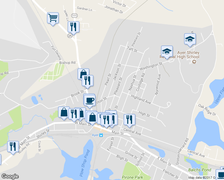 map of restaurants, bars, coffee shops, grocery stores, and more near 9 Jackson Street in Ayer