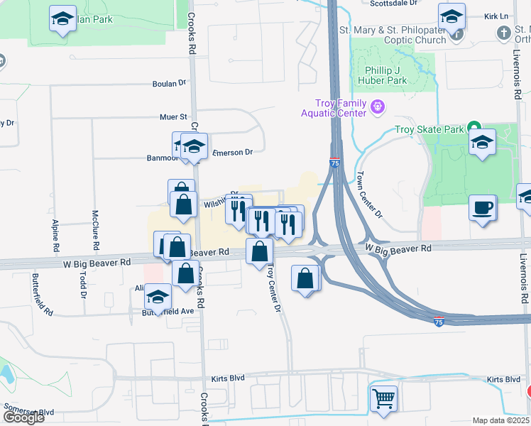 map of restaurants, bars, coffee shops, grocery stores, and more near 2871 Troy Center Drive in Troy