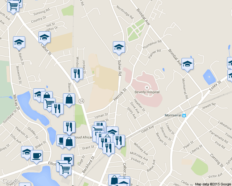 map of restaurants, bars, coffee shops, grocery stores, and more near 72 Sohier Road in Beverly