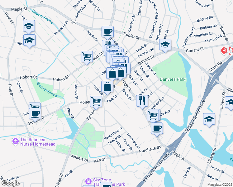 map of restaurants, bars, coffee shops, grocery stores, and more near 14 Park Street in Danvers