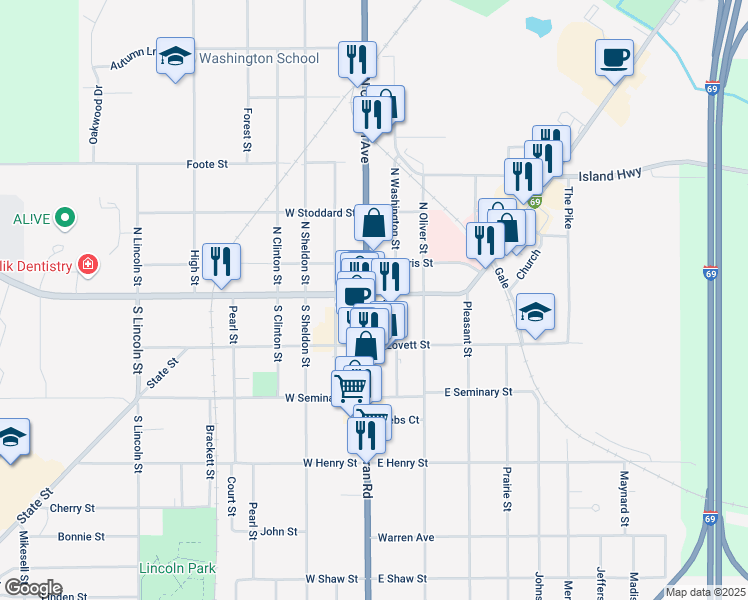 map of restaurants, bars, coffee shops, grocery stores, and more near 101 South Cochran Avenue in Charlotte