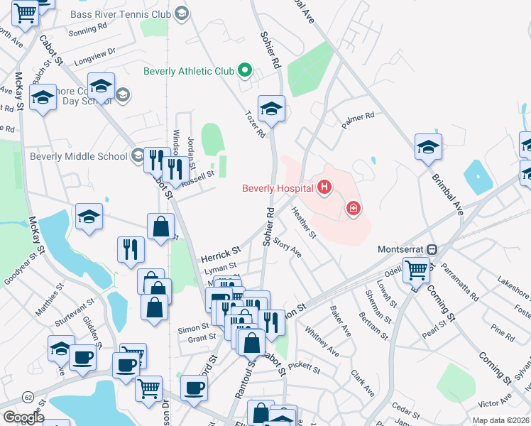map of restaurants, bars, coffee shops, grocery stores, and more near 72 Sohier Road in Beverly