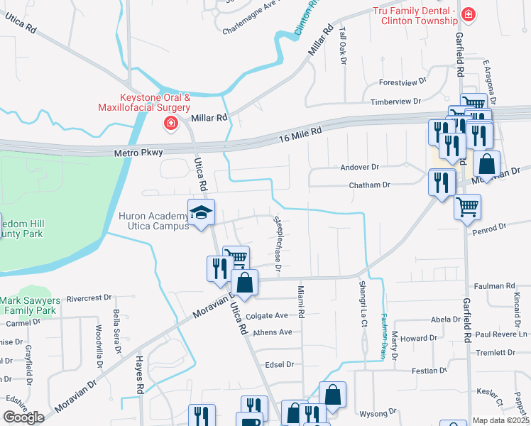 map of restaurants, bars, coffee shops, grocery stores, and more near 36431 Palamino Court in Clinton Township