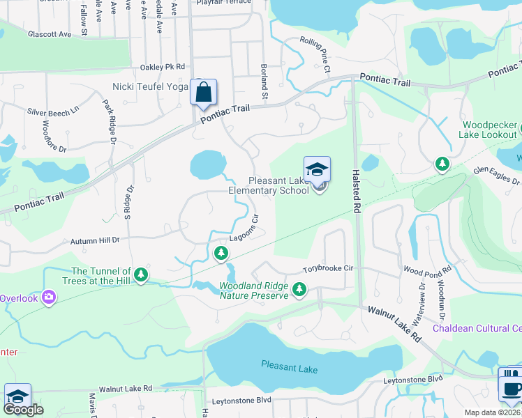map of restaurants, bars, coffee shops, grocery stores, and more near 5005 Lagoons Circle in West Bloomfield Township