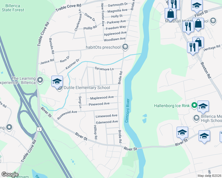 map of restaurants, bars, coffee shops, grocery stores, and more near 3 Oakwood Avenue in Billerica