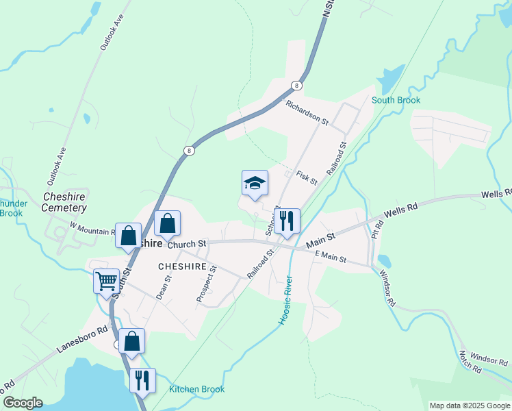 map of restaurants, bars, coffee shops, grocery stores, and more near 191 Church Street in Cheshire