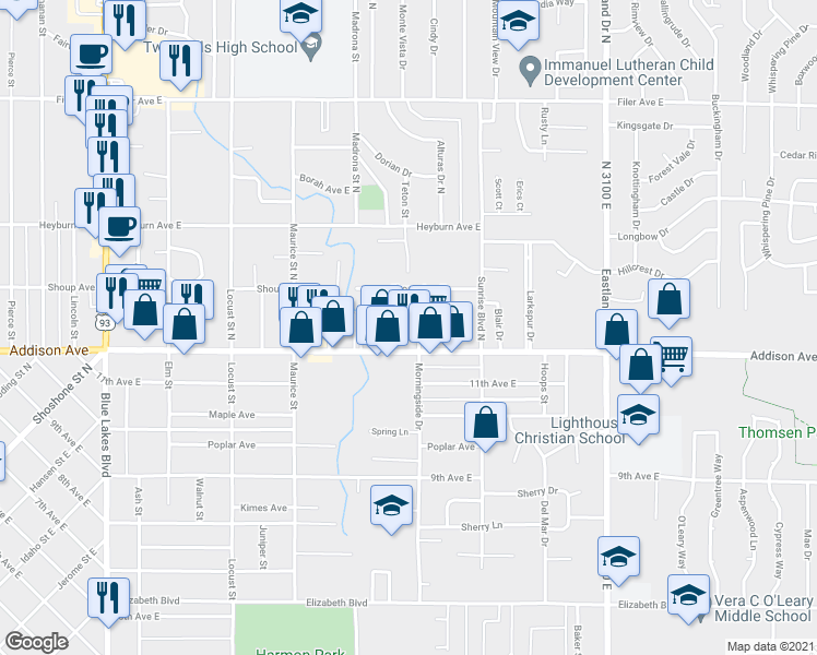 map of restaurants, bars, coffee shops, grocery stores, and more near 1884 Sigrid Avenue in Twin Falls