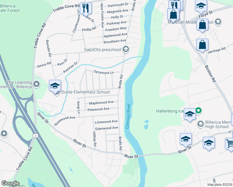 map of restaurants, bars, coffee shops, grocery stores, and more near 3 Oakwood Avenue in Billerica