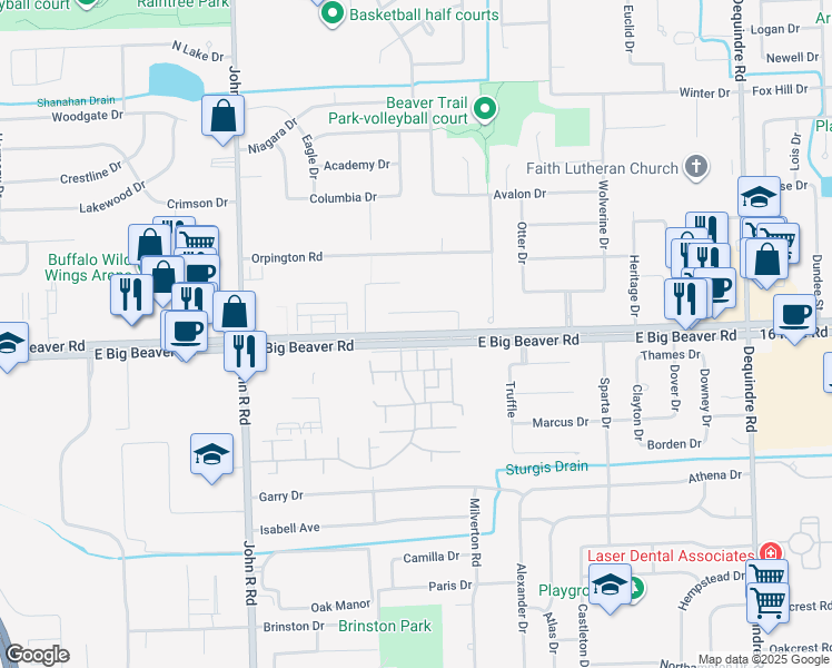 map of restaurants, bars, coffee shops, grocery stores, and more near 2395 East Big Beaver Road in Troy
