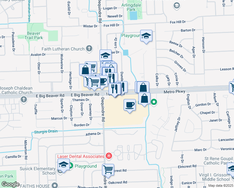 map of restaurants, bars, coffee shops, grocery stores, and more near 2148 Metro Parkway in Sterling Heights
