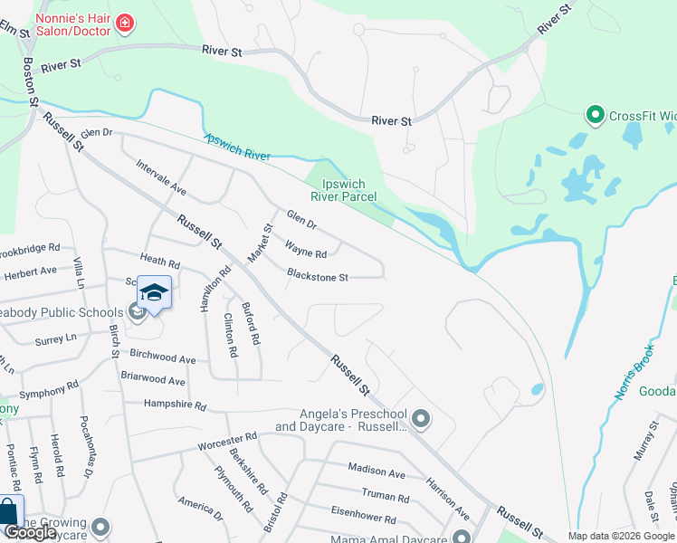 map of restaurants, bars, coffee shops, grocery stores, and more near 18 Blackstone St in Peabody
