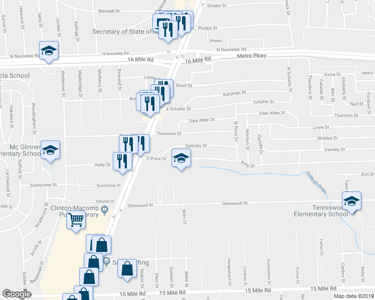 map of restaurants, bars, coffee shops, grocery stores, and more near 22248 Spitzley Street in Charter Township of Clinton