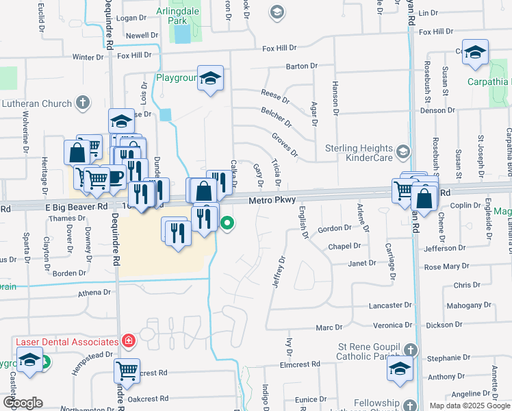 map of restaurants, bars, coffee shops, grocery stores, and more near 36301 Park Place Drive in Sterling Heights