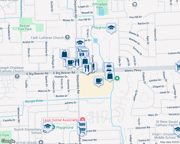 map of restaurants, bars, coffee shops, grocery stores, and more near 2148 Metro Parkway in Sterling Heights