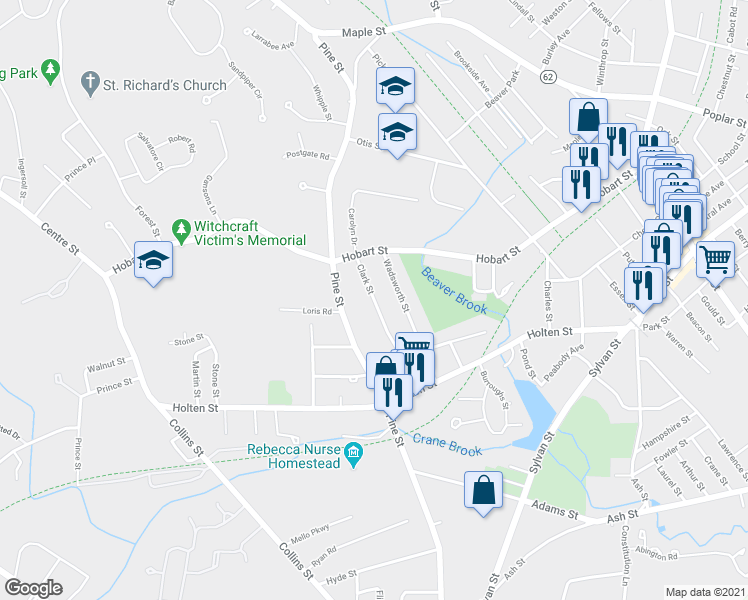 map of restaurants, bars, coffee shops, grocery stores, and more near 24 Clark Street in Danvers