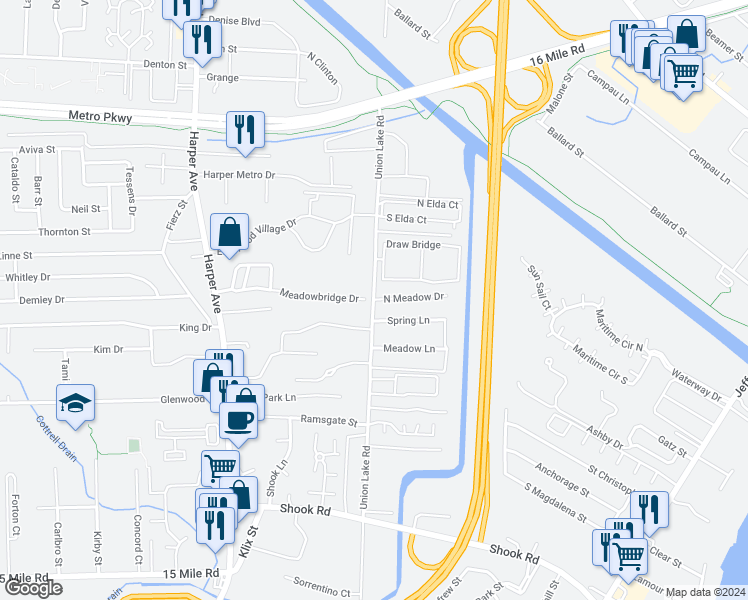 map of restaurants, bars, coffee shops, grocery stores, and more near 36420 Union Lake Road in Harrison Township