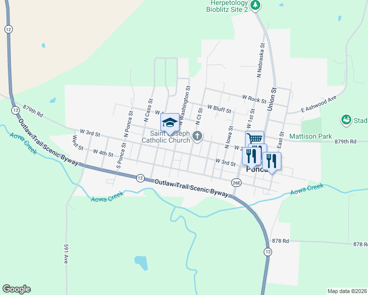 map of restaurants, bars, coffee shops, grocery stores, and more near 506 West 3rd Street in Ponca
