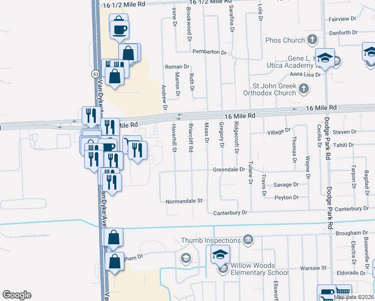 map of restaurants, bars, coffee shops, grocery stores, and more near 36687 Briarcliff Rd in Sterling Heights