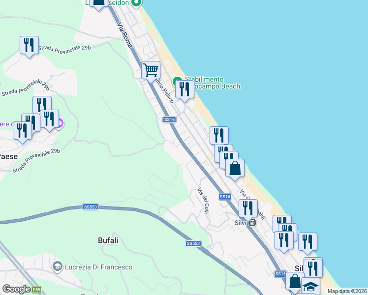map of restaurants, bars, coffee shops, grocery stores, and more near 91 Via Roma in Silvi