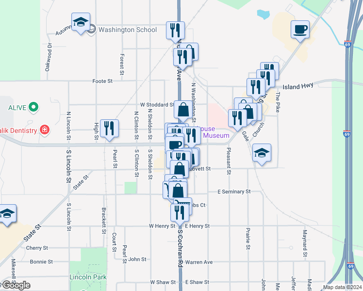 map of restaurants, bars, coffee shops, grocery stores, and more near 101 South Cochran Avenue in Charlotte