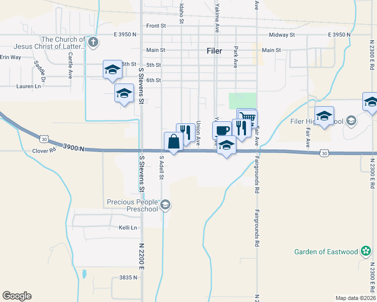 map of restaurants, bars, coffee shops, grocery stores, and more near 409 U.S. 30 in Filer