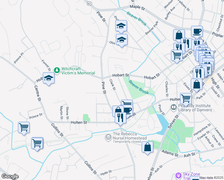 map of restaurants, bars, coffee shops, grocery stores, and more near 30 Clark Street in Danvers