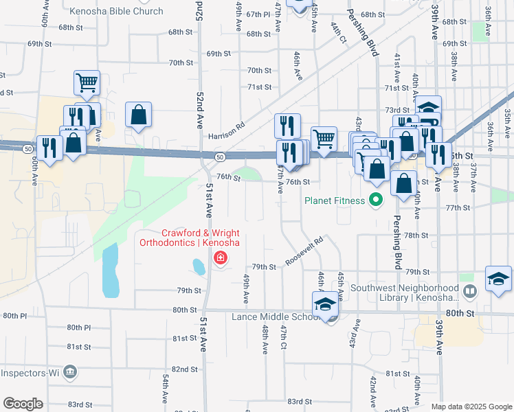 map of restaurants, bars, coffee shops, grocery stores, and more near 7641 49th Avenue in Kenosha