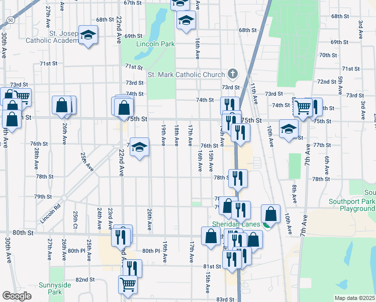 map of restaurants, bars, coffee shops, grocery stores, and more near 7608 17th Ave in Kenosha