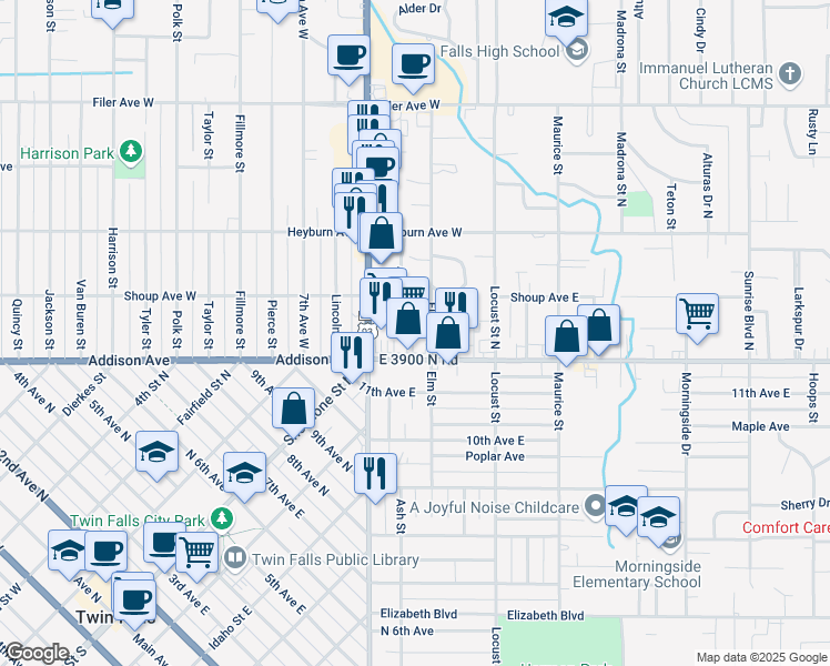map of restaurants, bars, coffee shops, grocery stores, and more near 1221 Addison Avenue East in Twin Falls