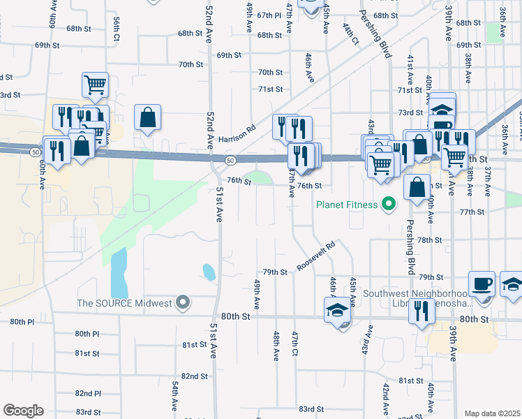 map of restaurants, bars, coffee shops, grocery stores, and more near 7641 49th Avenue in Kenosha
