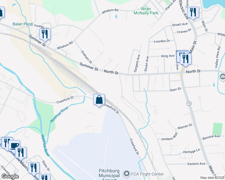 map of restaurants, bars, coffee shops, grocery stores, and more near 350 Industrial Road in Leominster