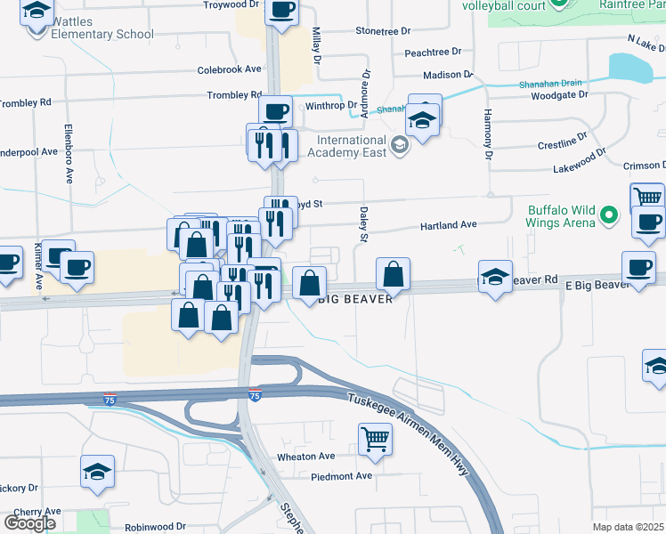 map of restaurants, bars, coffee shops, grocery stores, and more near 1160 Faulkner in Troy