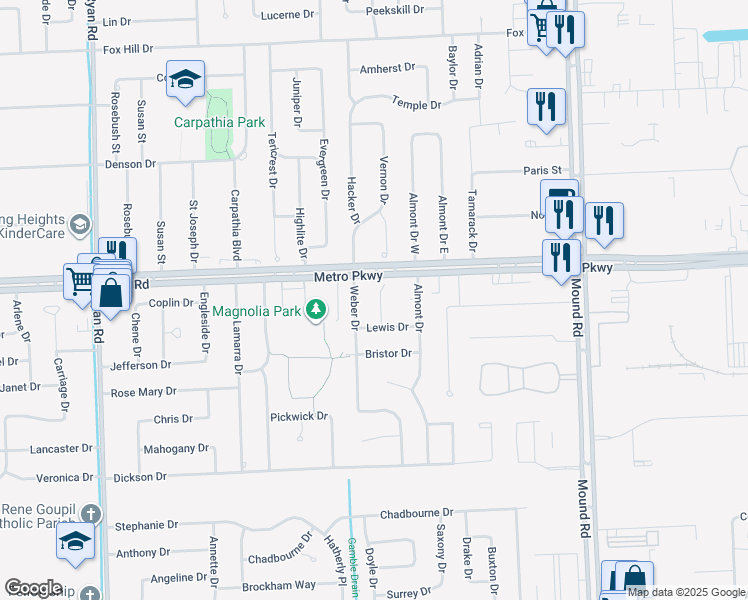 map of restaurants, bars, coffee shops, grocery stores, and more near 36855 Kyro Court in Sterling Heights