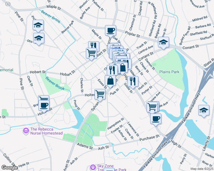 map of restaurants, bars, coffee shops, grocery stores, and more near 5 Essex St in Danvers