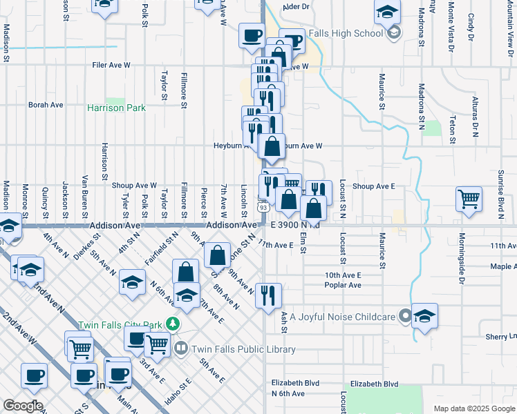 map of restaurants, bars, coffee shops, grocery stores, and more near 141 Blue Lakes Boulevard North in Twin Falls