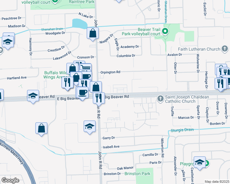 map of restaurants, bars, coffee shops, grocery stores, and more near 2151 East Big Beaver Road in Troy