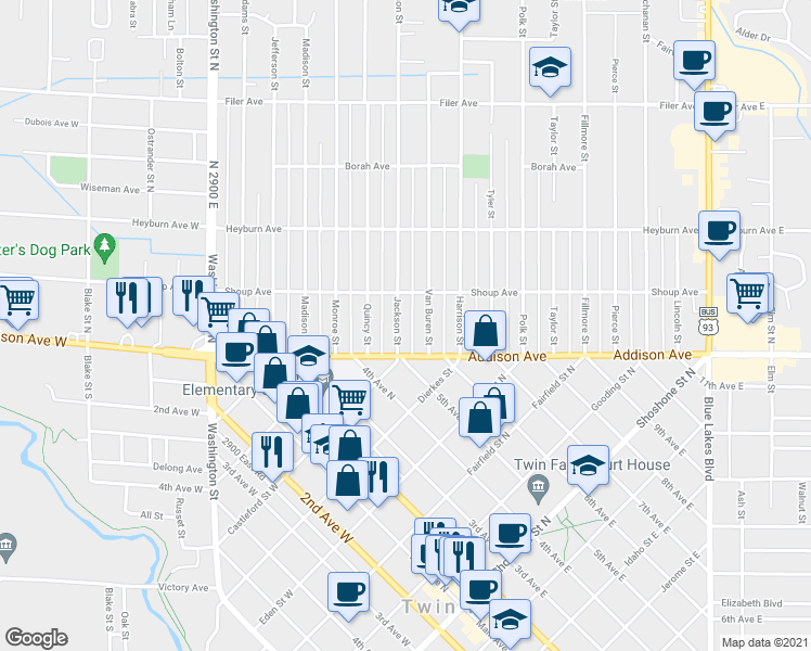 map of restaurants, bars, coffee shops, grocery stores, and more near 146 Jackson Street in Twin Falls