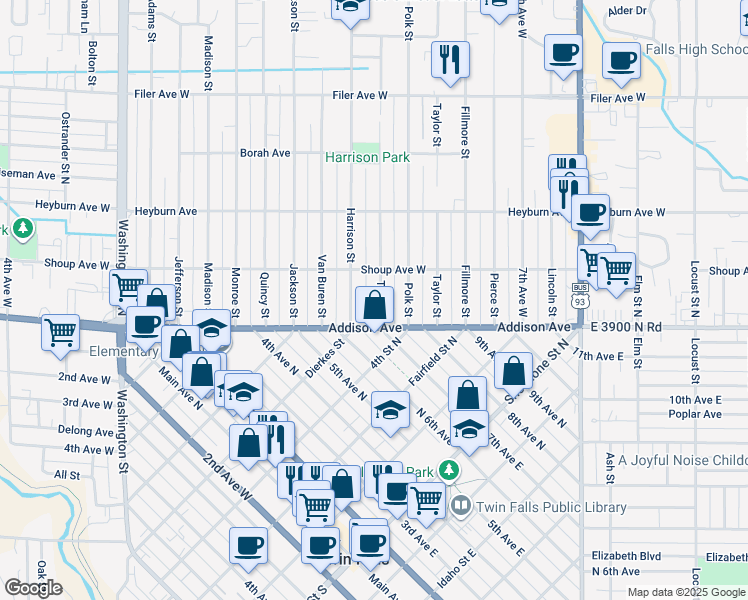 map of restaurants, bars, coffee shops, grocery stores, and more near 143 Tyler Street in Twin Falls
