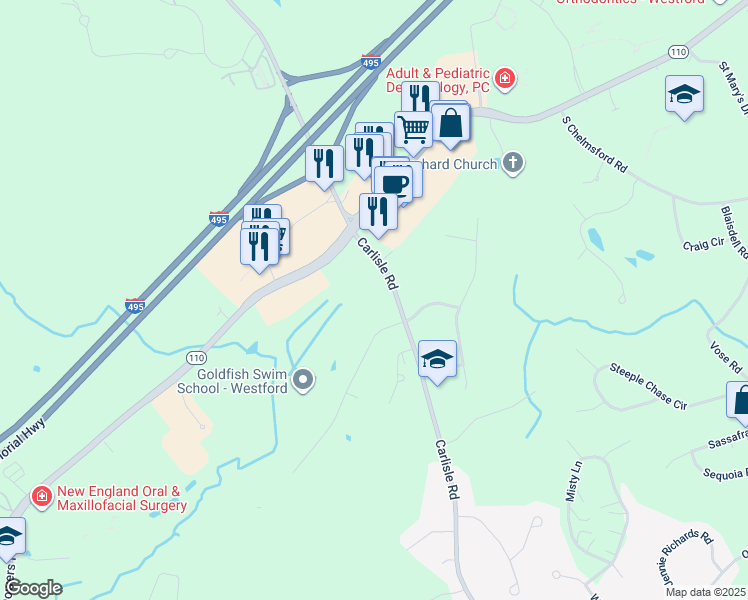 map of restaurants, bars, coffee shops, grocery stores, and more near 5 Carlisle Road in Westford