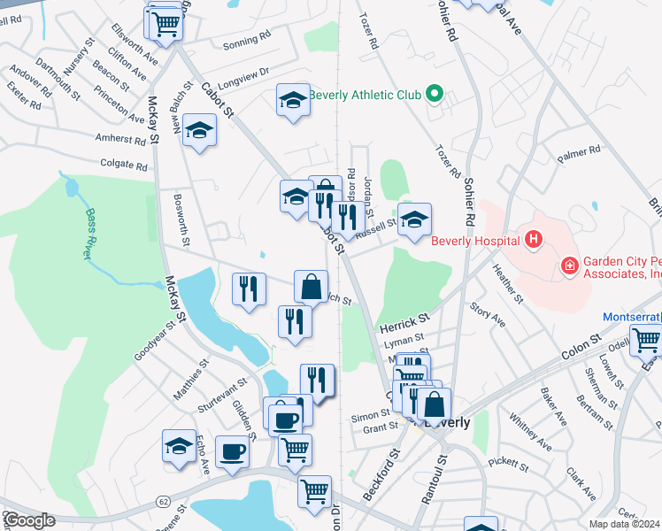 map of restaurants, bars, coffee shops, grocery stores, and more near 12 Blaine Avenue in Beverly