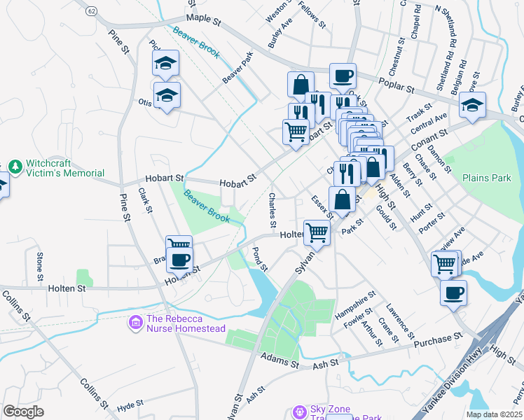 map of restaurants, bars, coffee shops, grocery stores, and more near 14R Charles Street in Danvers