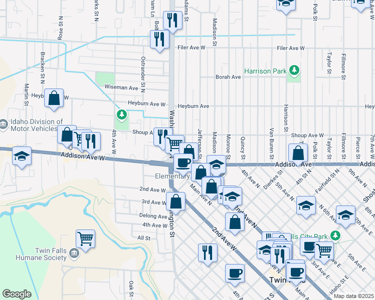 map of restaurants, bars, coffee shops, grocery stores, and more near 150 Adams Street in Twin Falls