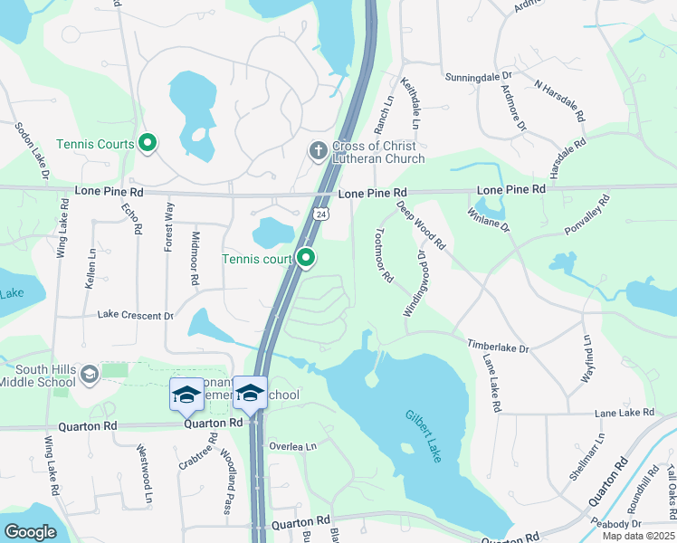 map of restaurants, bars, coffee shops, grocery stores, and more near 5163 Woodlands Drive in Bloomfield Hills