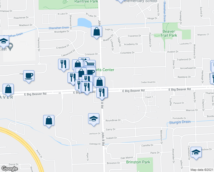 map of restaurants, bars, coffee shops, grocery stores, and more near 2039 East Big Beaver Road in Troy